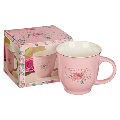 Petal pink ceramic mug with I love you Mom text and floral design, shown with matching gift box