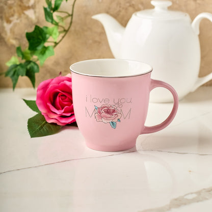 Petal pink ceramic mug with "I love you Mom" text and rose illustration, perfect Mother's Day gift with Proverbs 3:15 design