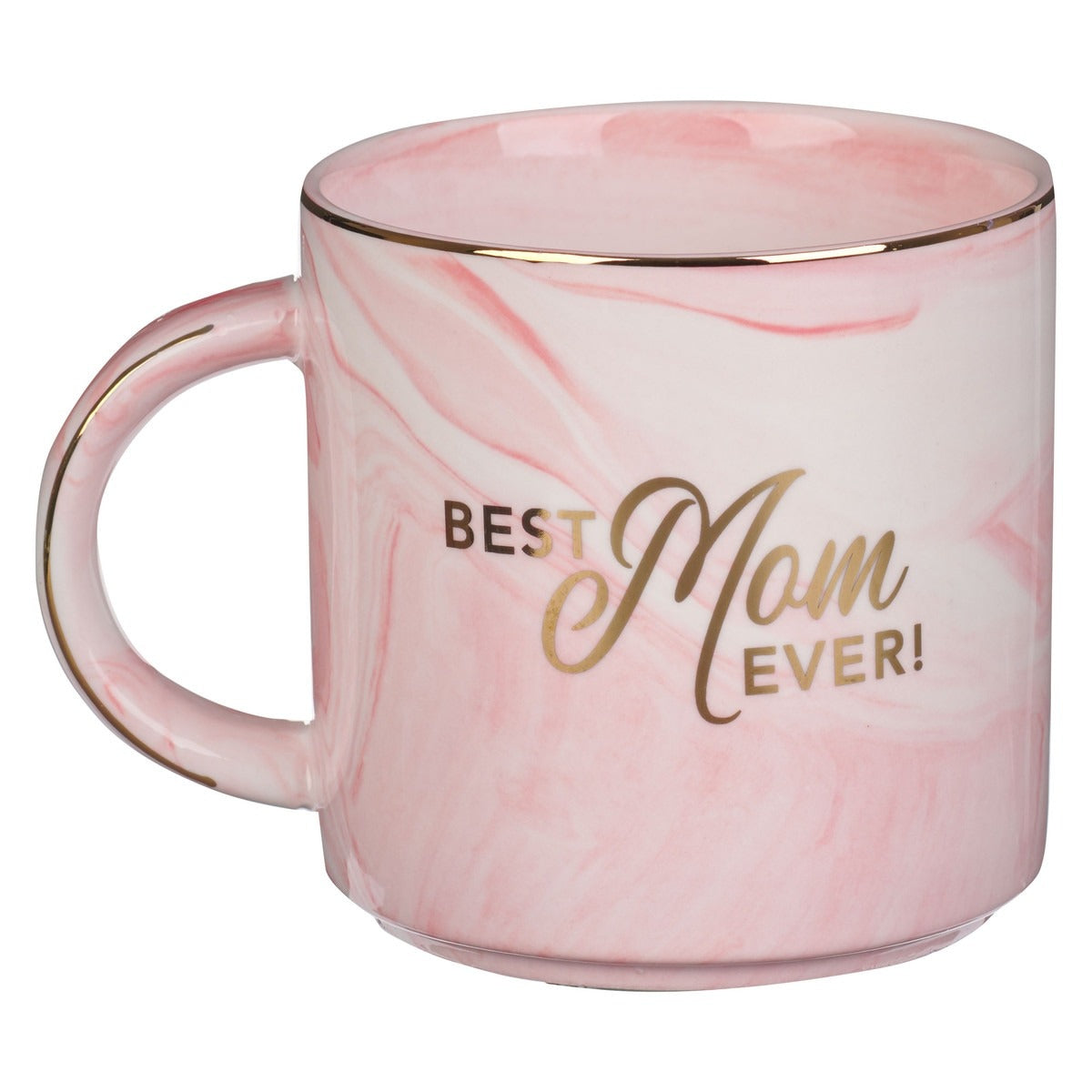 Pink marbled ceramic coffee mug with gold rim and "Best Mom Ever!" gold script on both sides