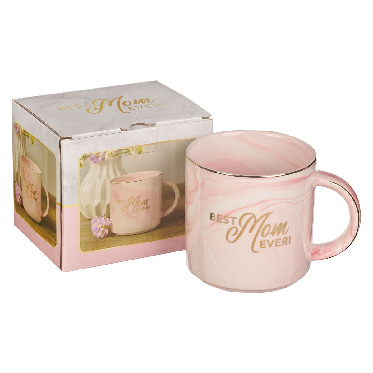 Pink marbled ceramic coffee mug with gold "Best Mom Ever!" lettering and matching gift box with floral accents