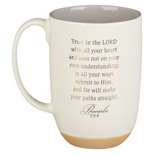 White ceramic coffee mug with exposed clay base featuring Proverbs 3:5-6 scripture text in brown font