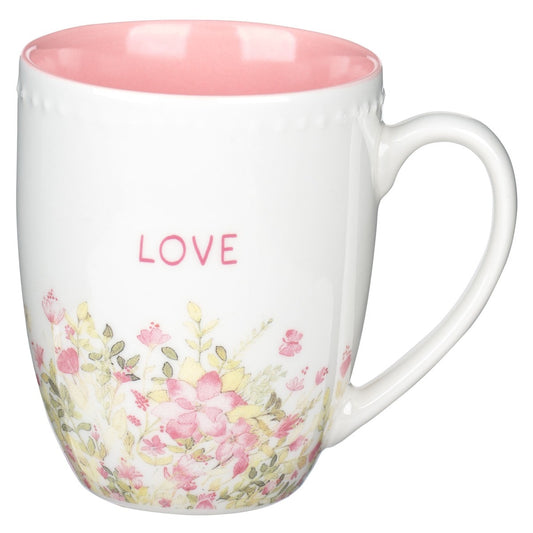 5" Love Petite floral mug with pink block lettering, pink interior, and delicate pink and tan floral design around base