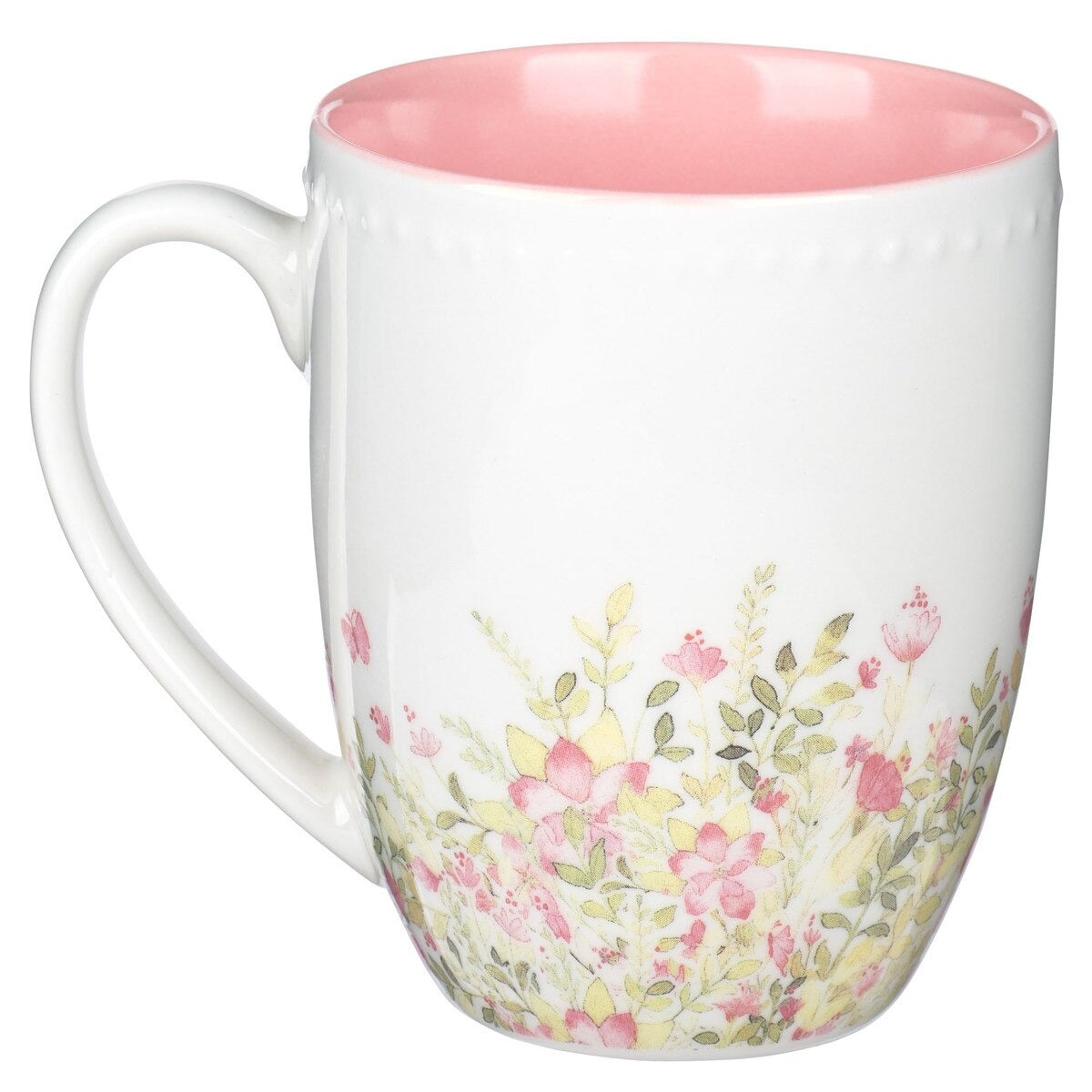 5" Love petite floral mug with pink flowers and tan grasses, creamy exterior, and glossy pink interior rim