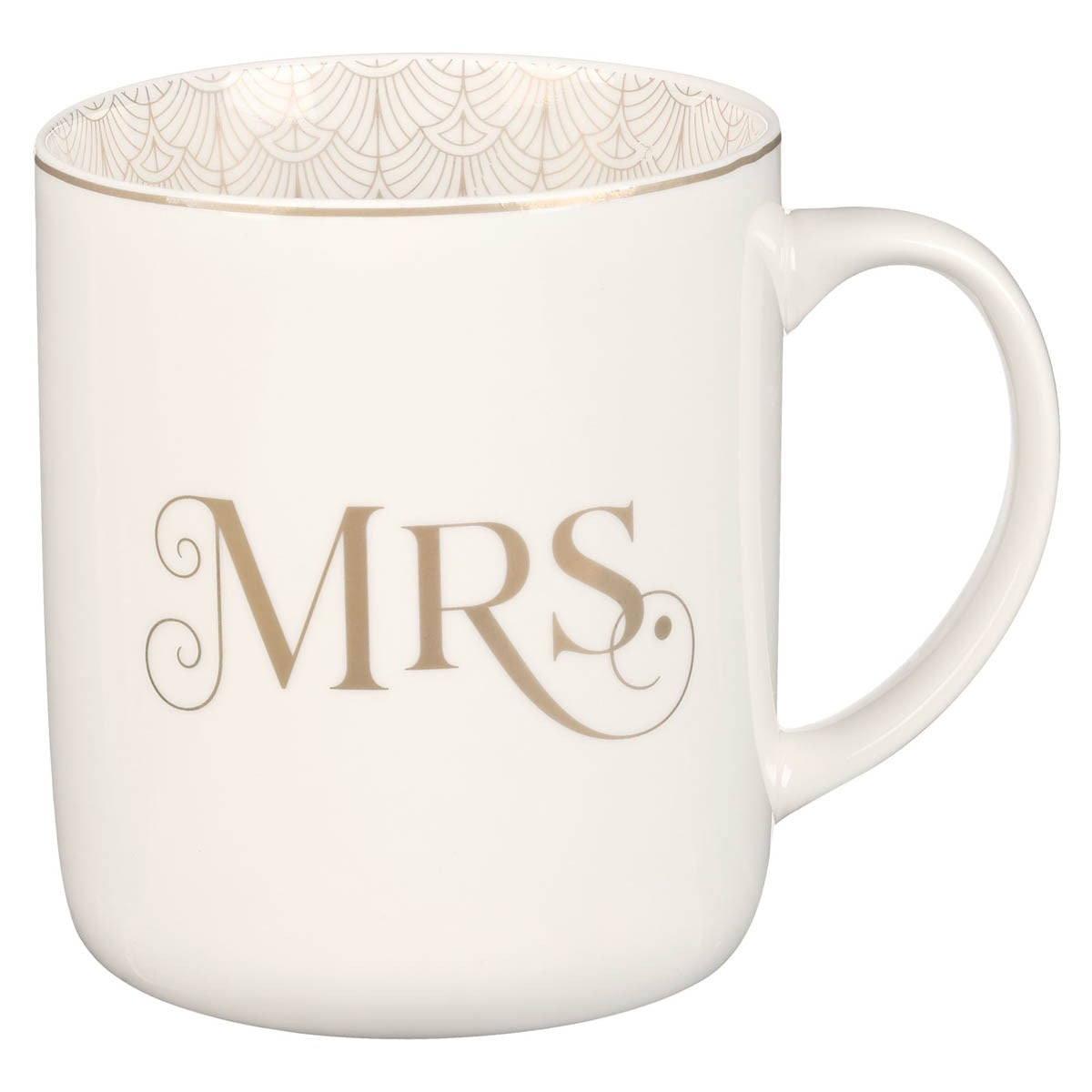 White ceramic coffee mug with gold "MRS." lettering and delicate gold pattern inside rim, part of newlywed set