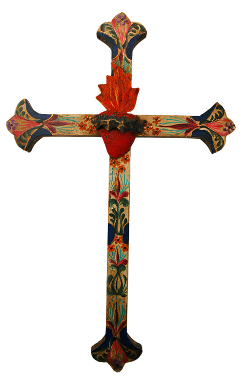 20-inch Mexican hand painted cross with vibrant folk art floral design and central red Sacred Heart motif