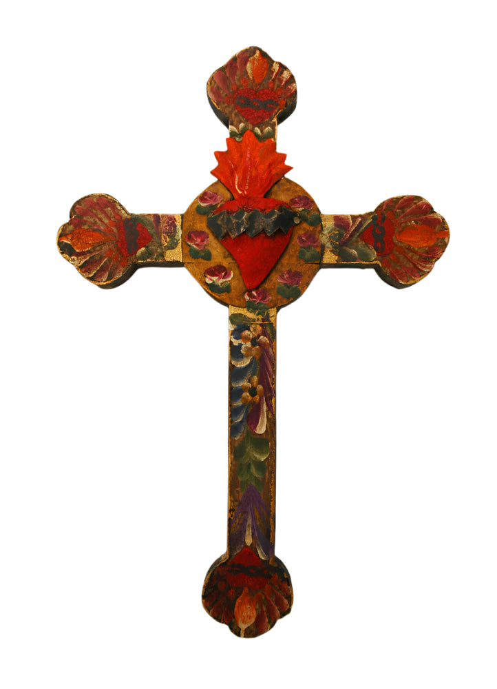 12-inch Mexican hand-painted cross with vibrant folk art designs and a central red flaming heart motif