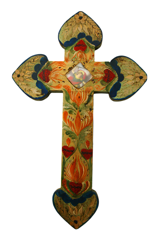 14-inch Mexican hand-painted cross with vibrant floral folk-art patterns and a central religious image centerpiece