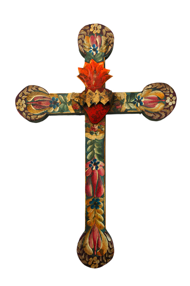 12-inch Mexican hand-painted cross with vibrant floral folk art and a raised sacred heart design at the center.