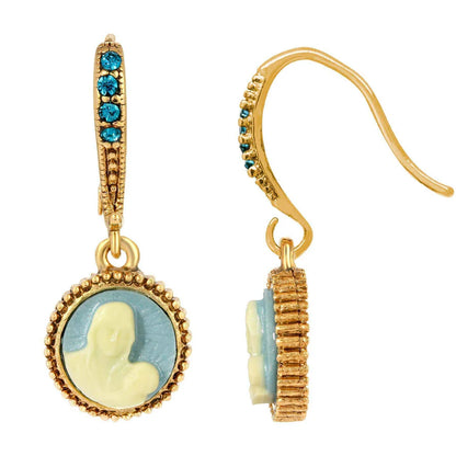 14k gold dipped Madonna and Child cameo earrings with light blue background and blue gemstone accents on hooks