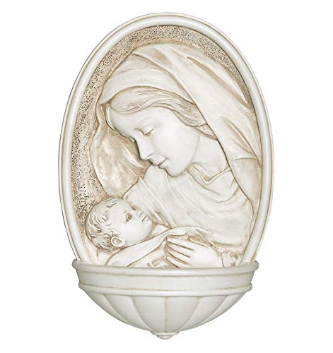 Oval Madonna and Child Holy Water Font with detailed carved design in soft white finish ideal for home or church use