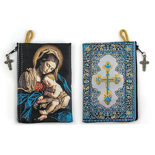 4" x 6" woven tapestry rosary pouch with Madonna and Child image, blue and gold dove cross design, and metal cross zipper pull