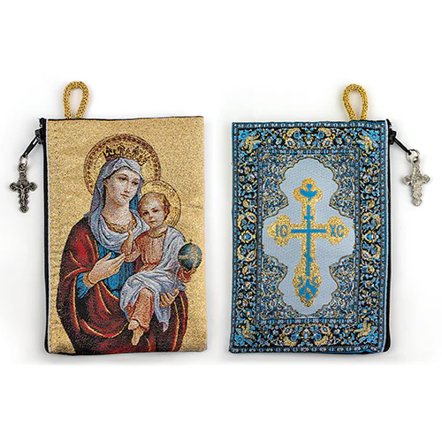 4" x 6" woven tapestry rosary pouch with Madonna and Child on front and blue IC XC cross design on back with zipper charm