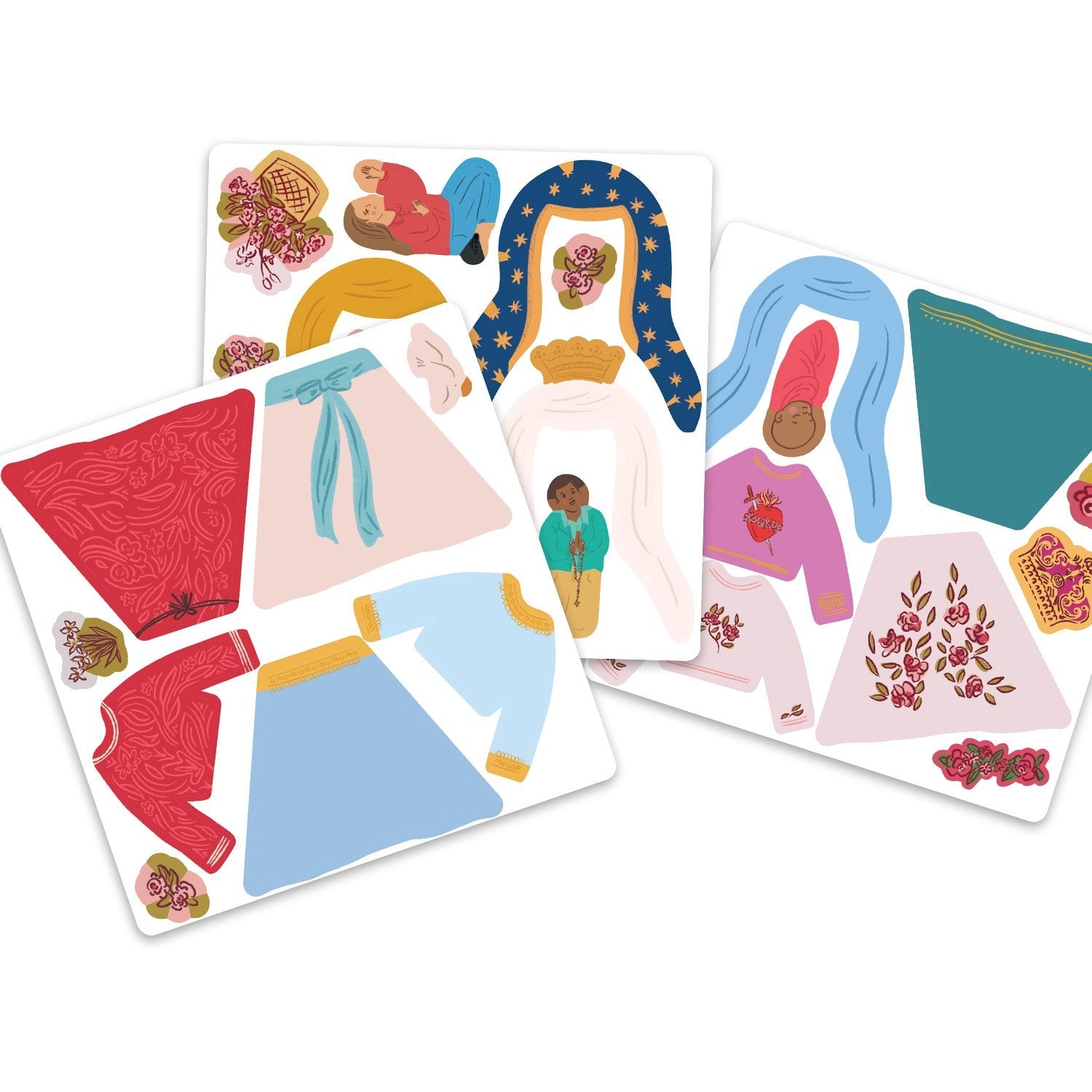 Set of illustrated magnetic dress-up pieces featuring robes, veils, and accessories for Mary Dress Up Magnet Playset