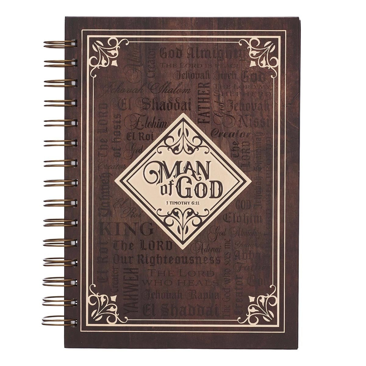 Man Of God large wirebound journal in brown with decorative border and 1 Timothy 6:11 scripture on cover