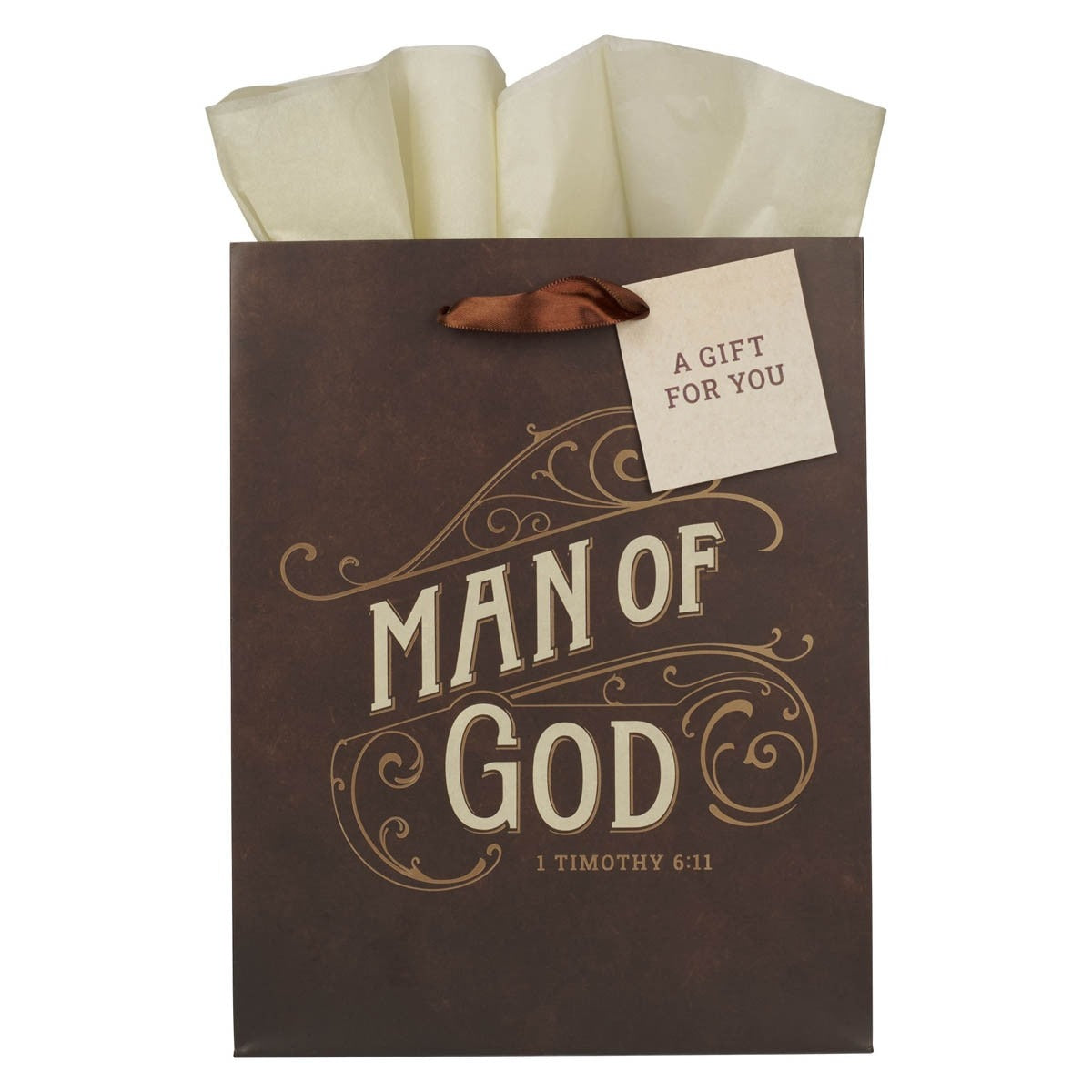 Medium brown gift bag with "Man of God" 1 Timothy 6:11 text, decorative swirls, and attached gift tag with satin handles