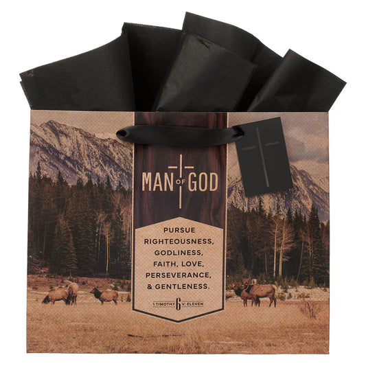 Man of God Brown Trailhead Large Landscape Gift Bag - 1 Timothy 6:11