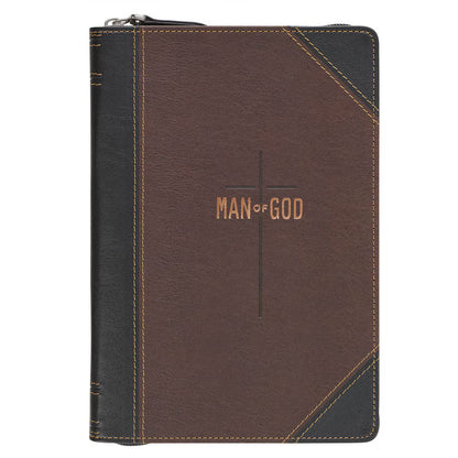 Man of God Espresso Brown and Walnut Faux Leather Classic Journal with Zipper Closure - 1 Timothy 6:11