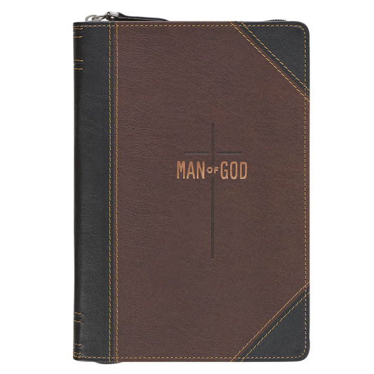 Man of God Espresso Brown and Walnut Faux Leather Classic Journal with Zipper Closure - 1 Timothy 6:11