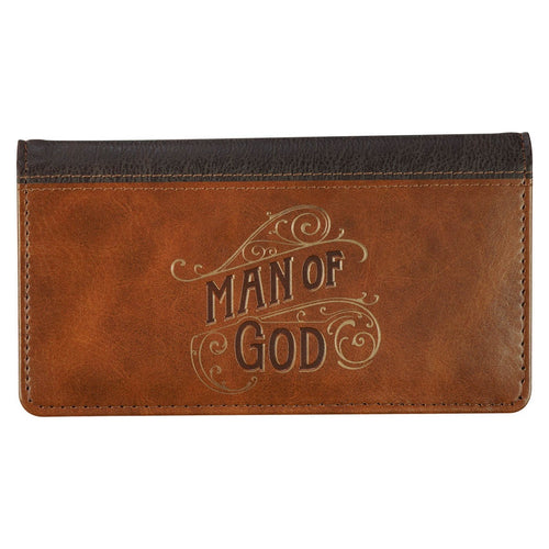 Honey-brown and espresso faux leather checkbook wallet with "Man of God" embossed detail and stitched edges