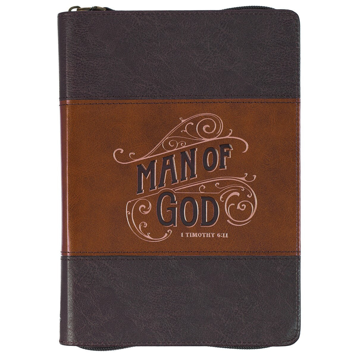 Man of God honey-brown and espresso faux leather journal with zipper and embossed 1 Timothy 6:11 scripture design