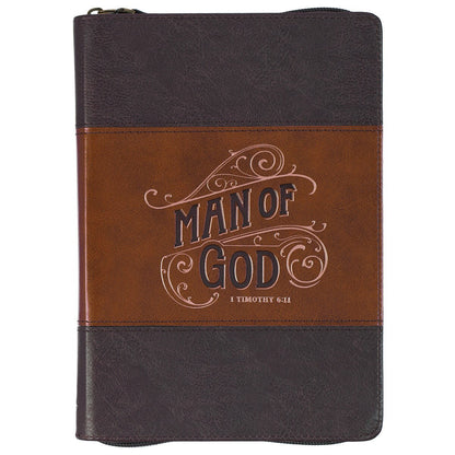 Man of God honey-brown and espresso faux leather journal with zipper and embossed 1 Timothy 6:11 scripture design