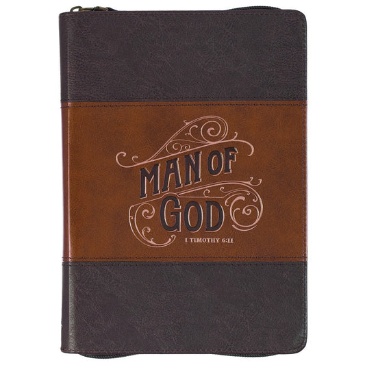 Man of God honey-brown and espresso faux leather journal with zipper and embossed 1 Timothy 6:11 scripture design