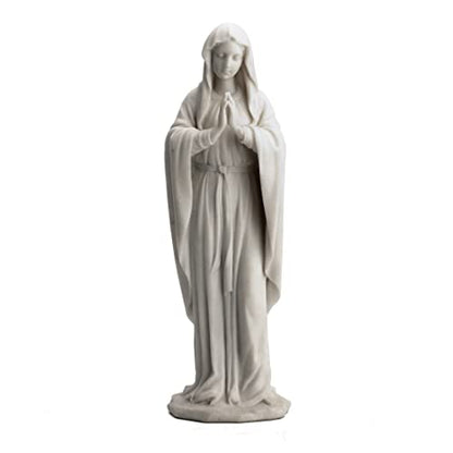 11 7/8" Marble-like white Virgin Mary statue with hands clasped in prayer, detailed folds in flowing robe