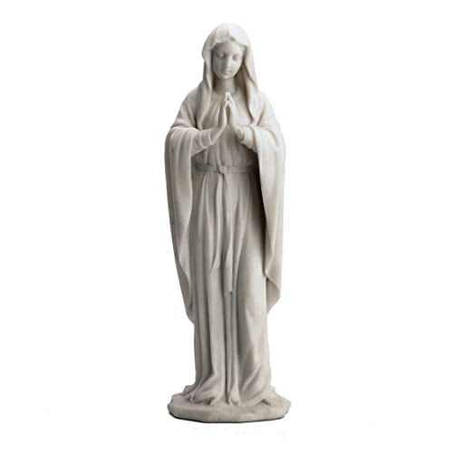 11 7/8" Marble-like white Virgin Mary statue with hands clasped in prayer, detailed folds in flowing robe