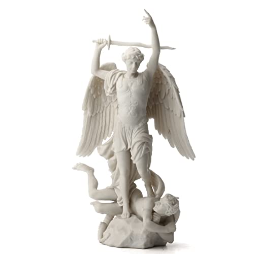 15" marble-like white St. Michael the Archangel statue with wings, sword raised, standing over defeated demon figure