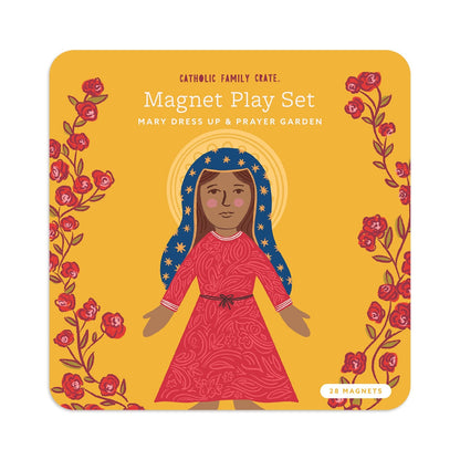 Illustrated Mary Dress Up Magnet Playset with 28 pieces featuring Mary in red dress and blue starry veil on yellow background