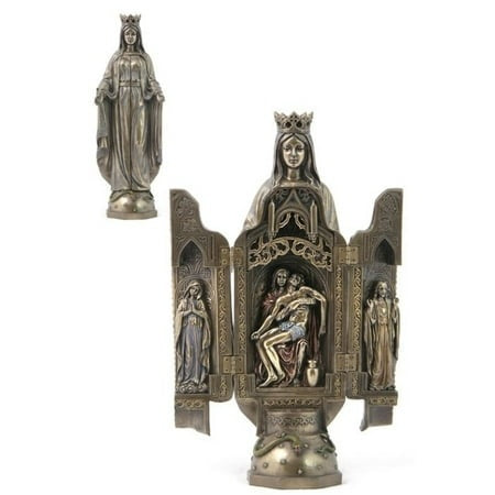 11 1/4" bronze Mary Graceful Queen triptych statue with detailed Pieta sculpture and ornate crown and side panels