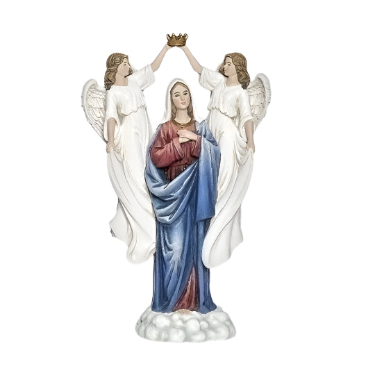 11" Mary Queen of Heaven statue hand-painted with blue and red robes, crowned by two angels, standing on cloud base