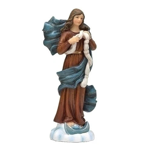 Religious figurine of a woman in brown and blue robes holding a white rosary, standing on a cloud base.