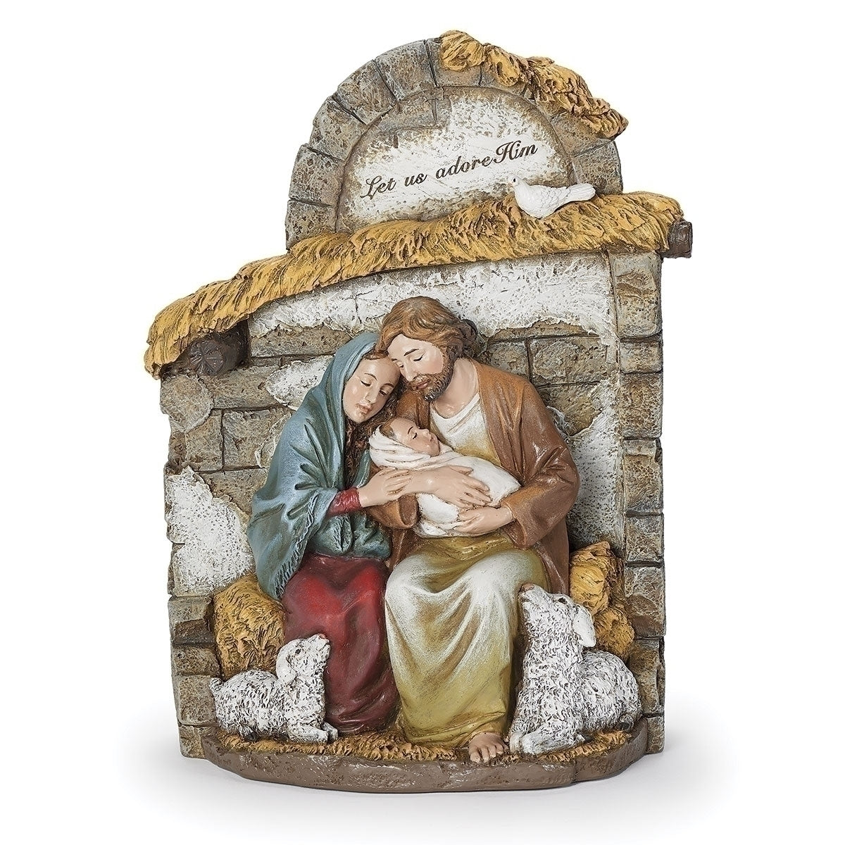 10" hand-painted Mary and Joseph holding baby Jesus in crèche with lambs and "Let us adore Him" inscription