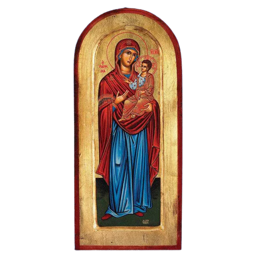 Byzantine-style religious icon of the Virgin Mary holding baby Jesus with gold background and red and blue robes.