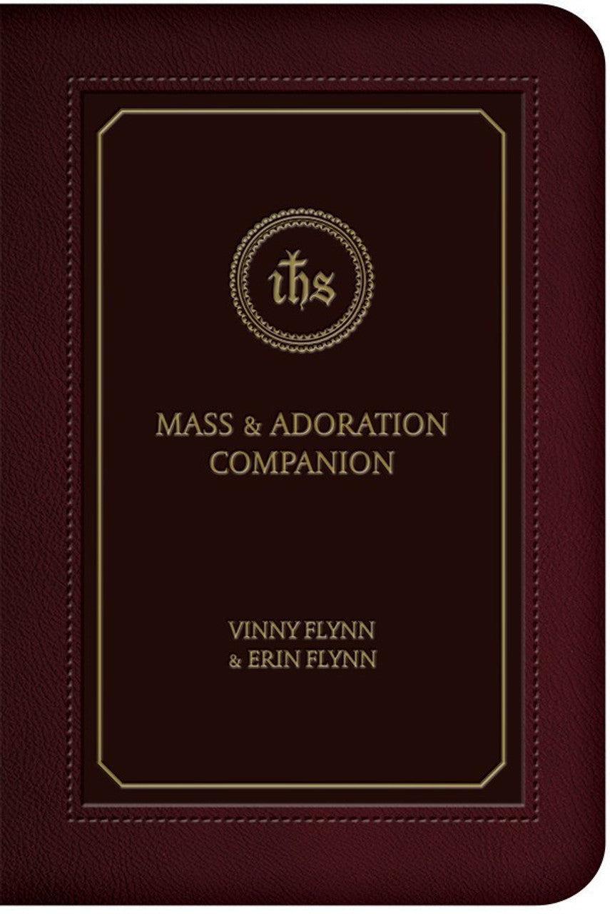 Dark brown leather-bound Mass & Adoration Companion book by Vinny Flynn and Erin Flynn with gold embossed text and design