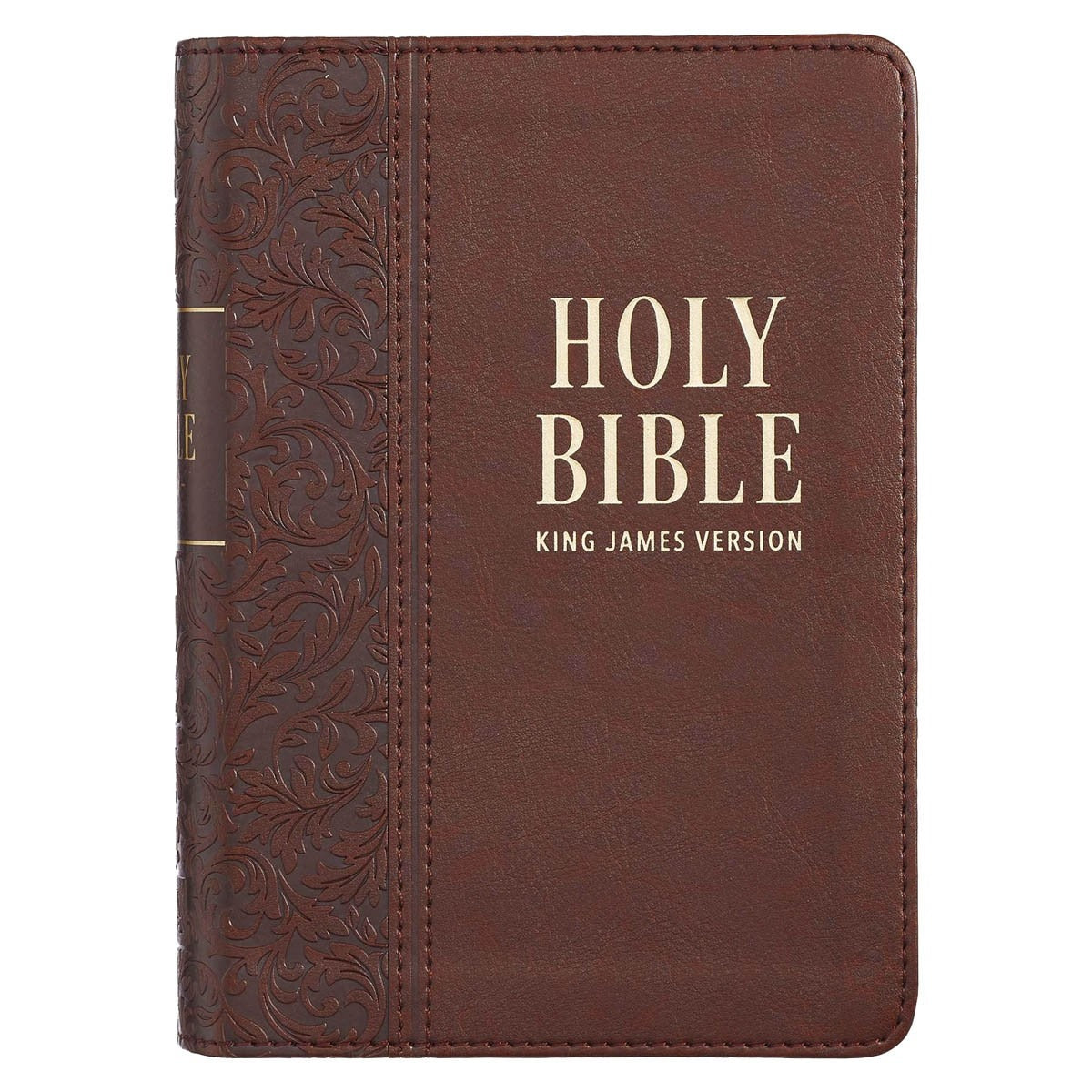 Medium brown faux leather compact King James Version Bible with large print text and decorative embossed spine design