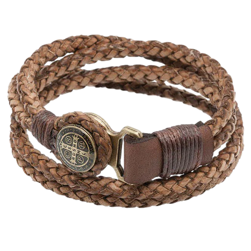 Men's St. Benedict Leather Cord Bracelet - Unique Catholic Gifts