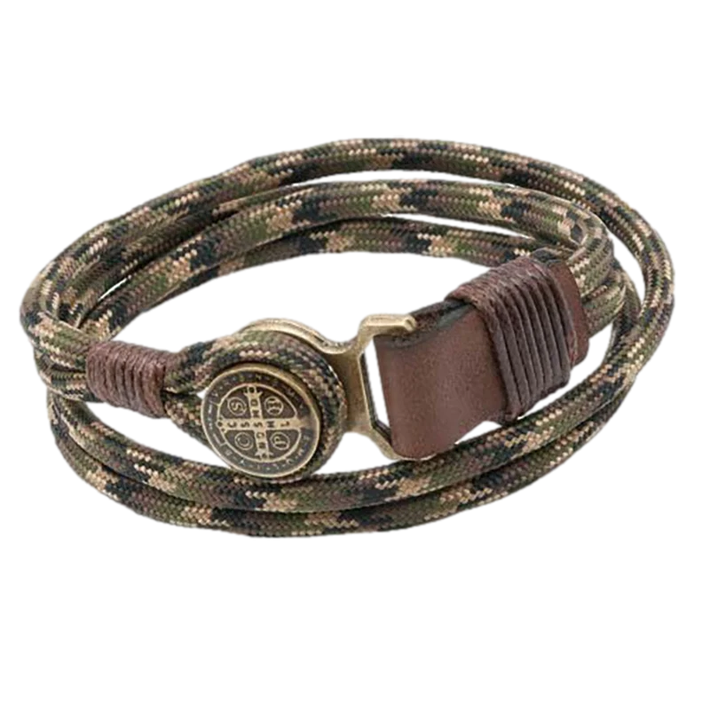 Men's St. Benedict Leather and Camo Paracord Bracelet - Unique Catholic Gifts