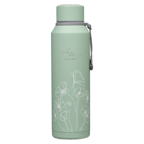 Hazy teal stainless steel water bottle with white floral line art and "Mercy never fails" text, screw-on lid with carrying strap
