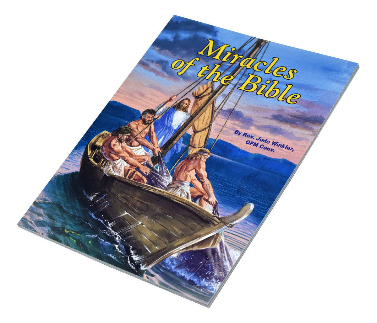 Children's book "Miracles of the Bible" by Rev Jude Winkler with colorful cover illustration of Jesus calming the sea