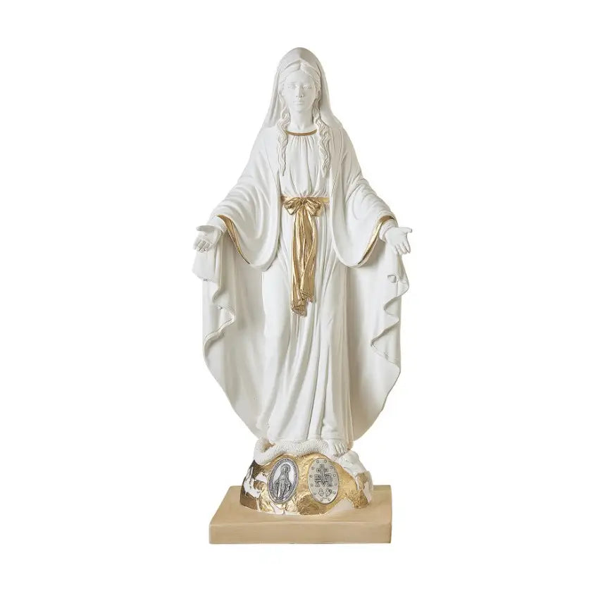 10cm white resin Miraculous Madonna statue with silver medals and gold accents on beige base handcrafted by Italian artisans