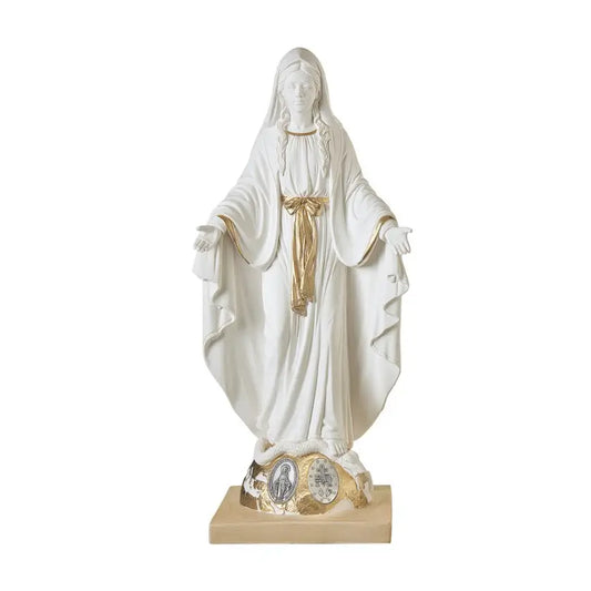 10cm white resin Miraculous Madonna statue with silver medals and gold accents on beige base handcrafted by Italian artisans