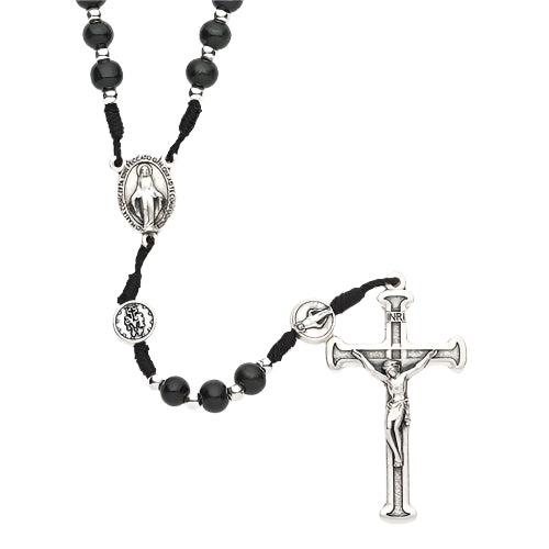 18.25" black bead rosary with silver Miraculous Medal centerpiece and detailed silver crucifix on black string
