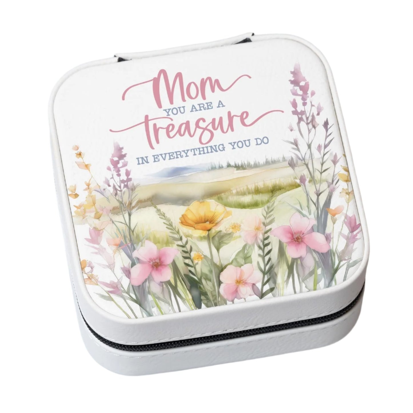 White jewelry box with floral design and "Mom You Are A Treasure in Everything You Do" text on the lid