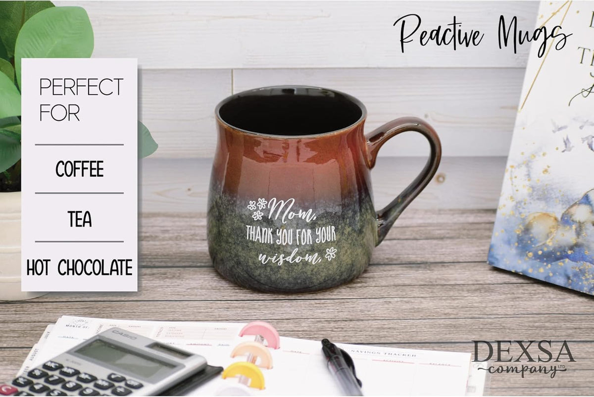 Gradient ceramic mug with "Mom, Thank You for Your Wisdom" inspirational quote, perfect for coffee, tea, or hot chocolate