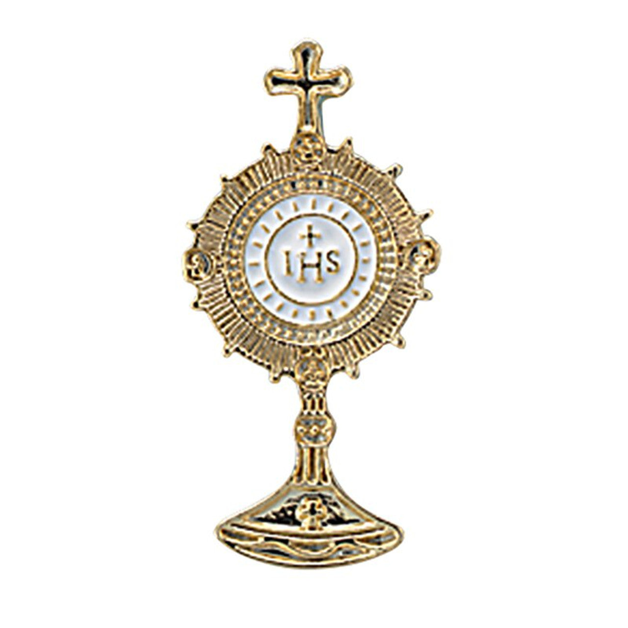 2" gold plated Monstrance lapel pin with white enamel center and raised cross on top, religious accessory