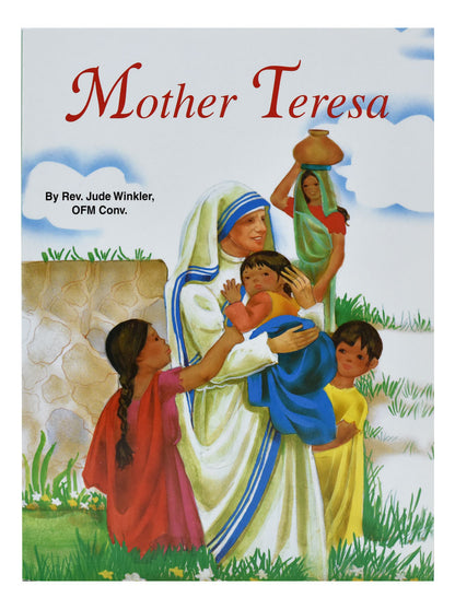 Mother Teresa book cover by Rev. Jude Winkler with colorful illustration of Mother Teresa caring for children outdoors