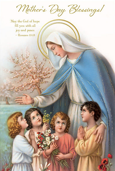 4 5/8" x 6 3/4" Mother's Day Blessings card with gold foil script, embossed Virgin Mary and children illustration