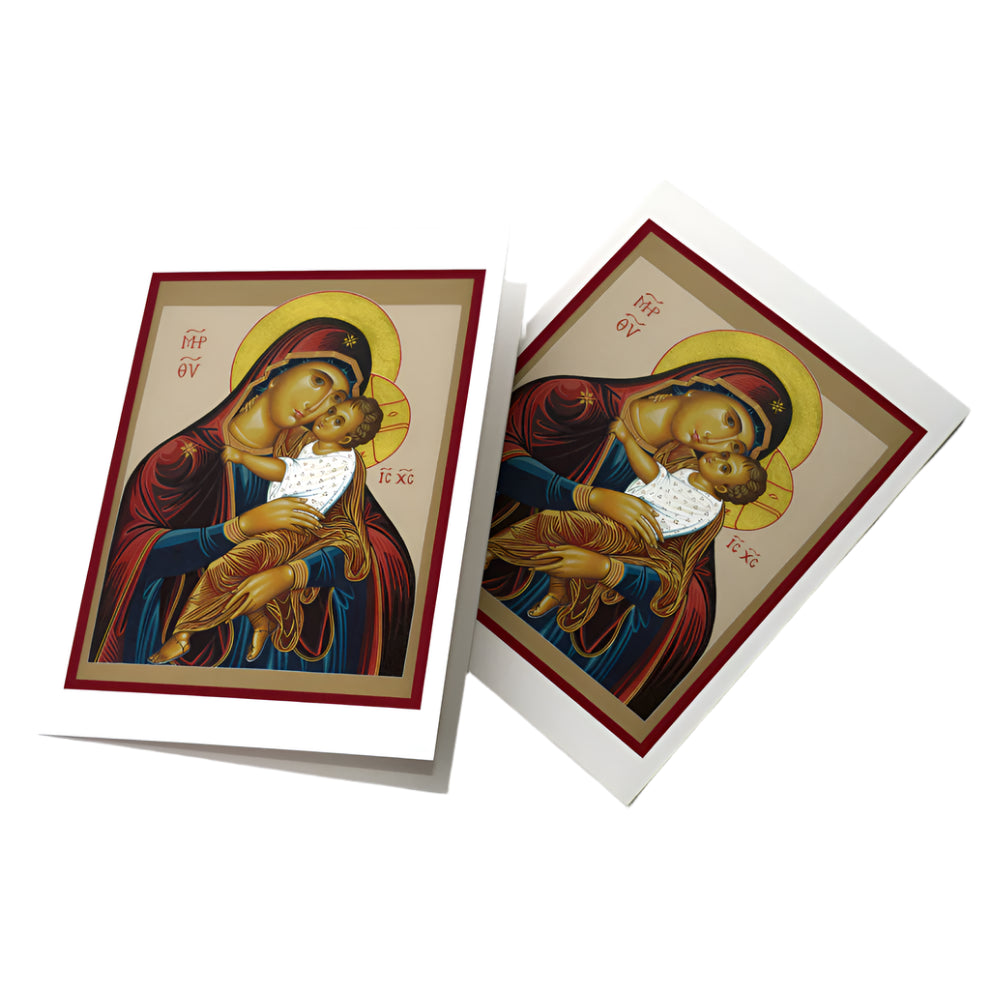 Mother of Tenderness icon greeting card 4 3/8" x 5 15/16" featuring Mary and baby Jesus with gold halo border